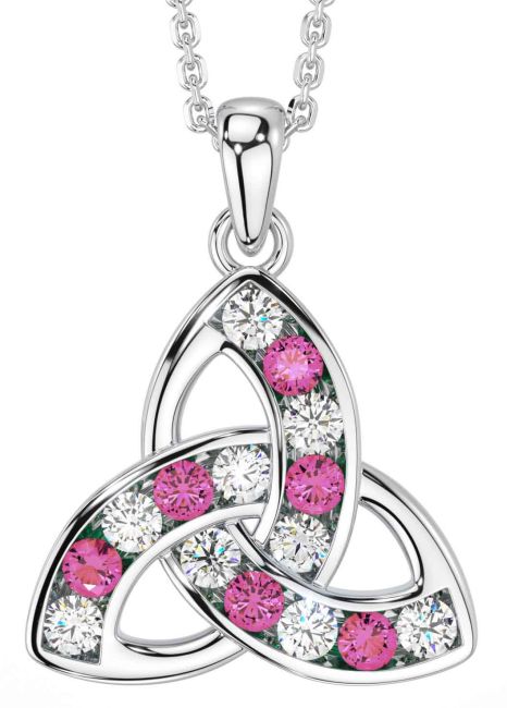 Diamond Pink Tourmaline White Gold Celtic Trinity Knot Necklace