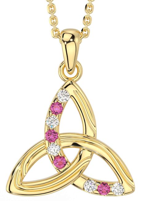 Diamond Pink Tourmaline Gold Celtic Trinity Knot Necklace