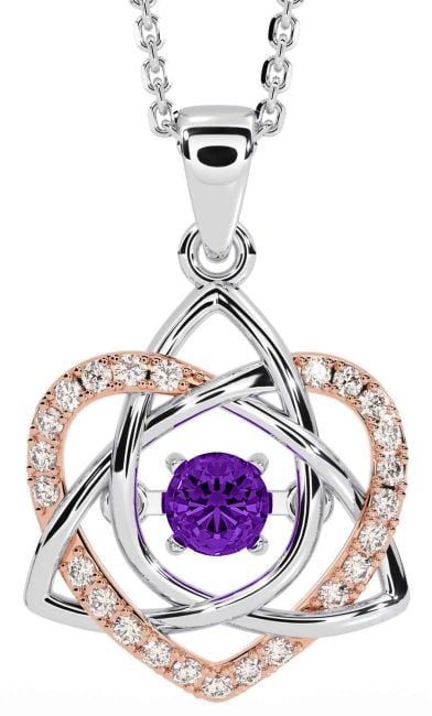 Diamond Amethyst Rose Gold Silver Celtic Knot Heart Necklace