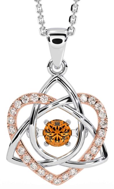 Diamond Citrine Rose Gold Silver Celtic Knot Heart Necklace