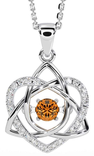 Diamond Citrine Silver Celtic Knot Heart Necklace
