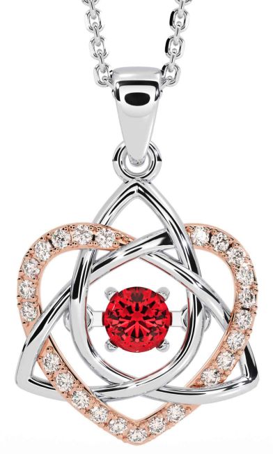 Diamond Ruby White Rose Gold Celtic Knot Heart Necklace
