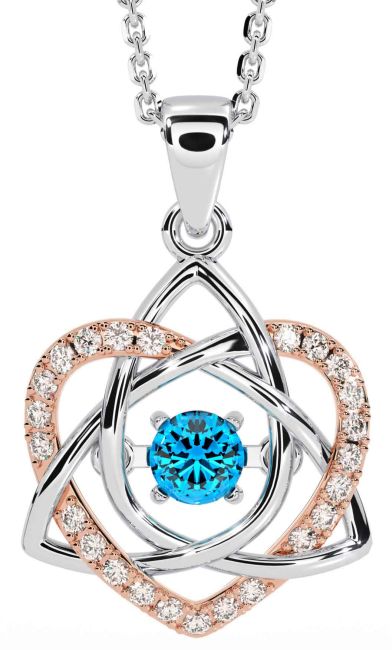Diamond Topaz White Rose Gold Celtic Knot Heart Necklace