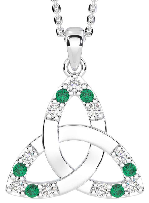Diamond Emerald Silver Celtic Trinity Knot Necklace