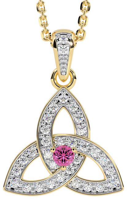 Diamond Pink Tourmaline Gold Silver Celtic Trinity Knot Necklace