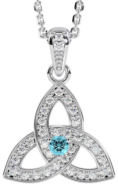 Diamond Aquamarine White Gold Celtic Trinity Knot Necklace