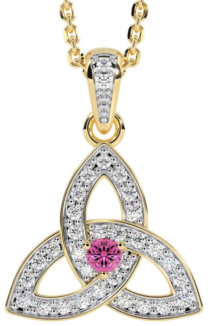 Diamond Pink Tourmaline Gold Celtic Trinity Knot Necklace