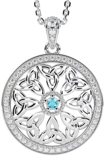 Diamond Aquamarine White Gold Celtic Trinity Knot Necklace