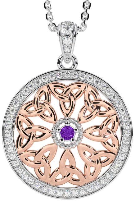 Diamond Amethyst White Rose Gold Celtic Trinity Knot Necklace