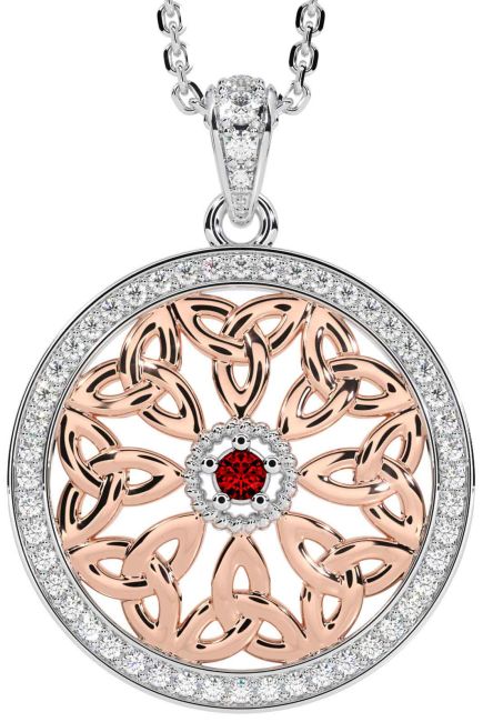 Diamond Garnet White Rose Gold Celtic Trinity Knot Necklace