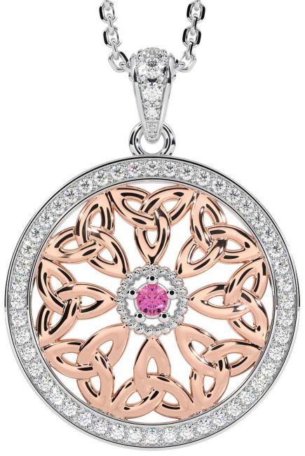 Diamond Pink Tourmaline White Rose Gold Celtic Trinity Knot Necklace