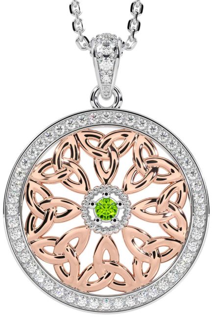 Diamond Peridot White Rose Gold Celtic Trinity Knot Necklace