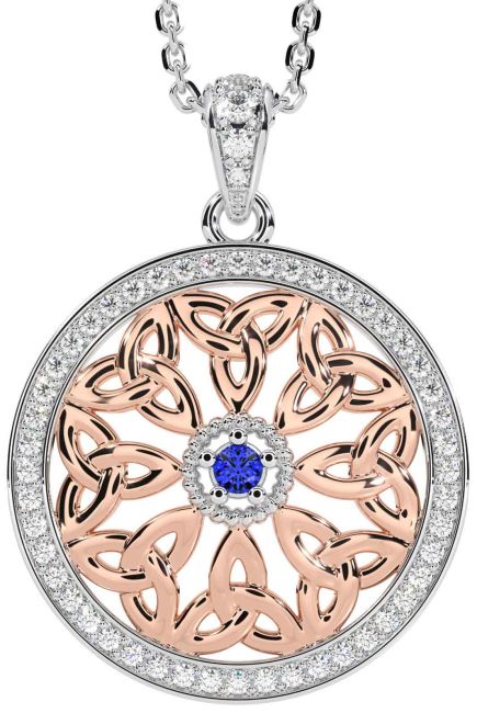 Diamond Sapphire White Rose Gold Celtic Trinity Knot Necklace