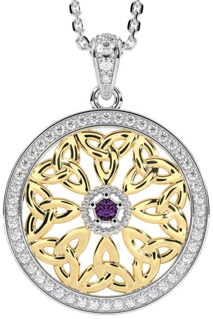Diamond Alexandrite White Yellow Gold Celtic Trinity Knot Necklace