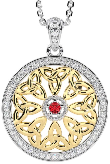 Diamond Ruby White Yellow Gold Celtic Trinity Knot Necklace