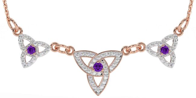Diamond Amethyst Rose Gold Silver Celtic Trinity Knot Necklace
