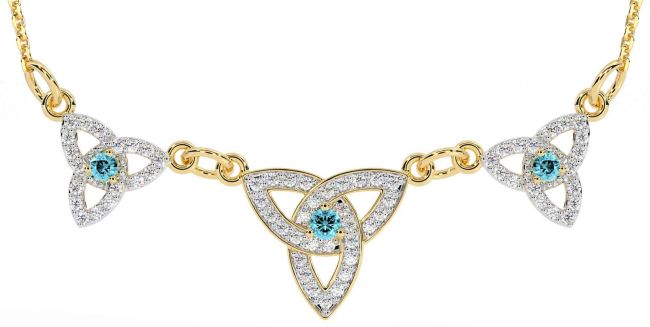 Diamond Aquamarine Gold Silver Celtic Trinity Knot Necklace