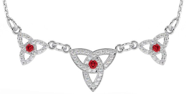 Diamond Ruby Silver Celtic Trinity Knot Necklace