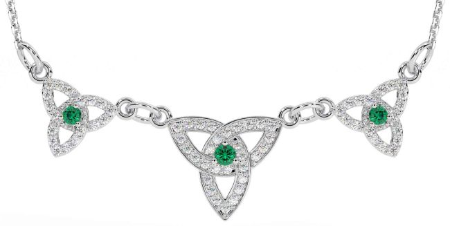 Diamond Emerald White Gold Celtic Trinity Knot Necklace