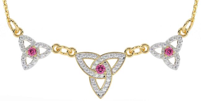 Diamond Pink Tourmaline Gold Celtic Trinity Knot Necklace