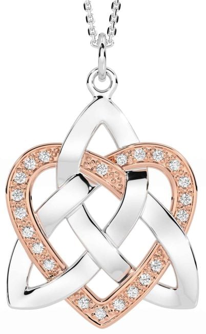 Diamond Rose Gold Silver Celtic Knot Heart Necklace