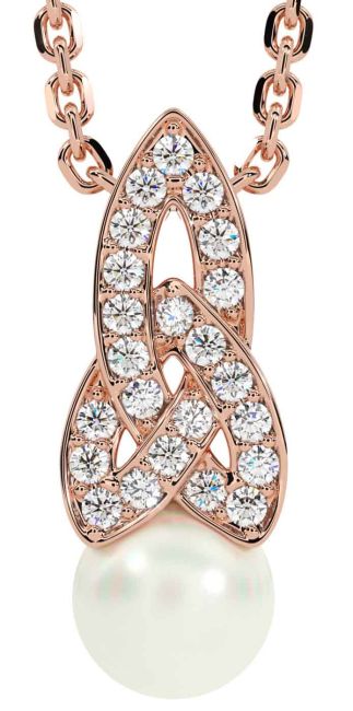 Diamond Rose Gold Silver Celtic Trinity Knot Pearl Necklace