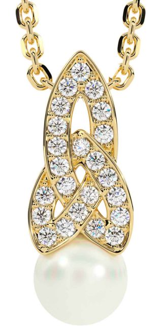 Diamond Gold Silver Celtic Trinity Knot Pearl Necklace