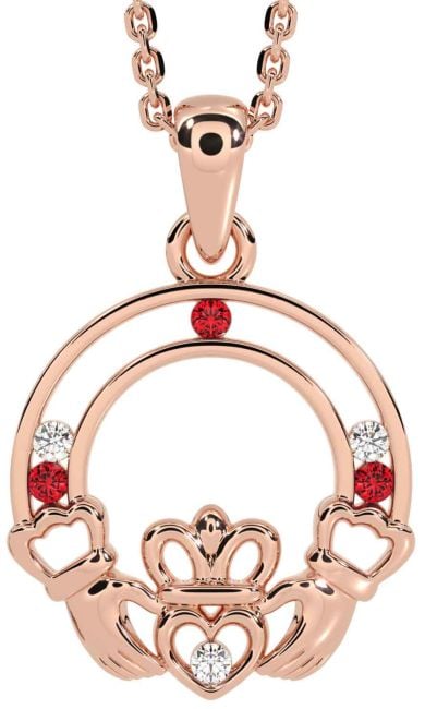 Diamond Ruby Rose Gold Silver Claddagh Necklace