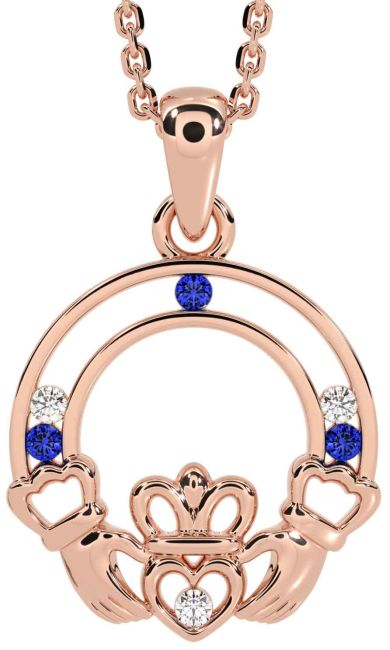 Diamond Sapphire Rose Gold Silver Claddagh Necklace