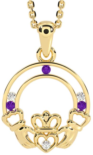 Diamond Amethyst Gold Silver Claddagh Necklace