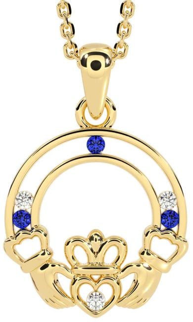 Diamond Sapphire Gold Silver Claddagh Necklace