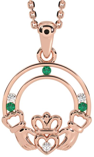 Diamond Emerald Rose Gold Claddagh Necklace