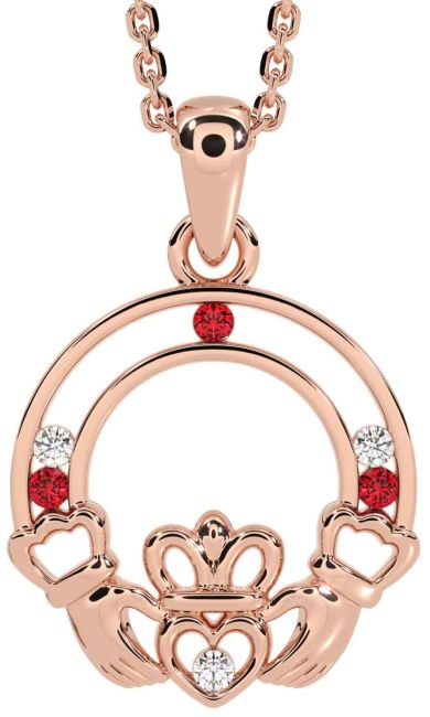 Diamond Ruby Rose Gold Claddagh Necklace