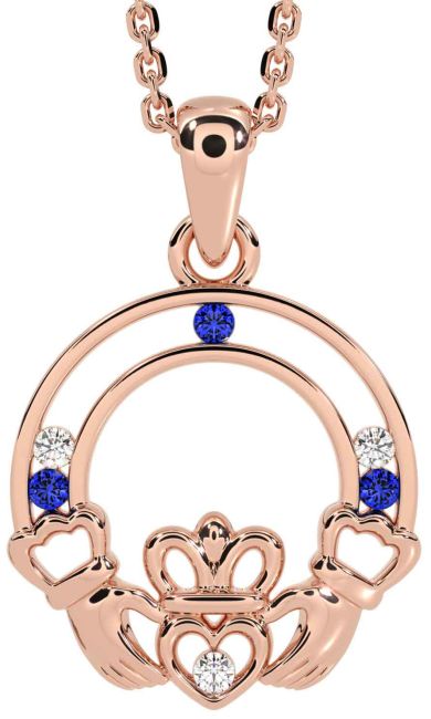 Diamond Sapphire Rose Gold Claddagh Necklace