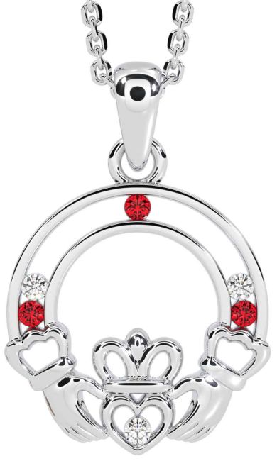 Diamond Ruby Silver Claddagh Necklace