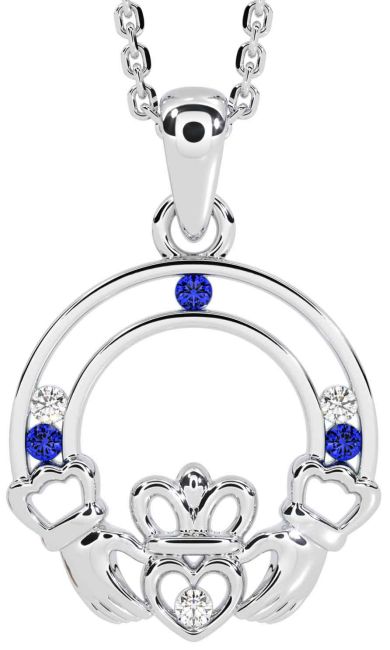 Diamond Sapphire Silver Claddagh Necklace