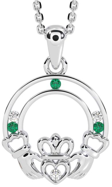 Diamond Emerald White Gold Claddagh Necklace