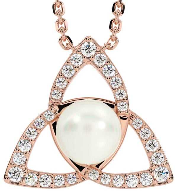 Diamond Rose Gold Silver Celtic Trinity Knot Pearl Necklace