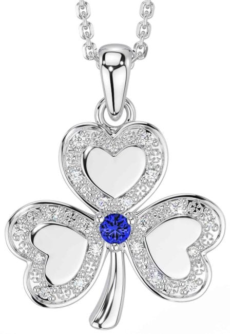 Diamond Sapphire Silver Shamrock Necklace