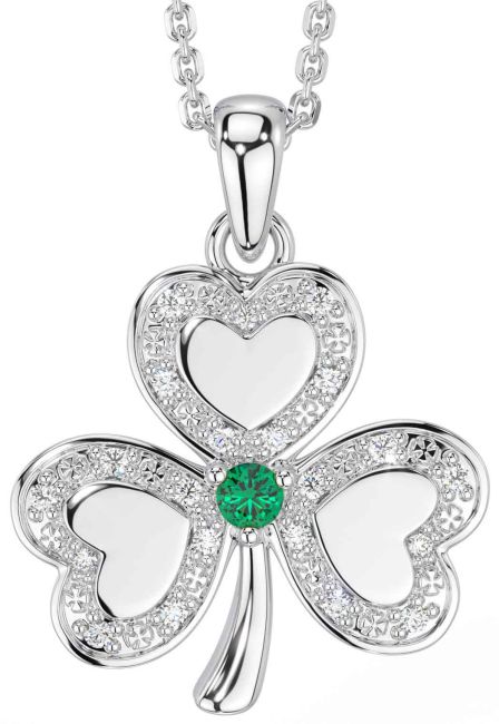 Diamond Emerald White Gold Shamrock Necklace