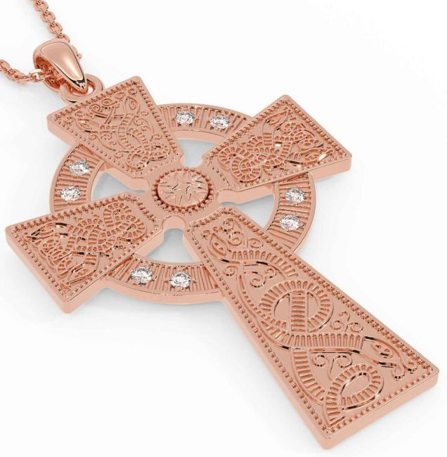 Large Diamond Rose Gold Silver Celtic Cross Necklace