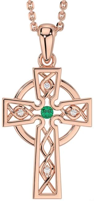 Diamond Emerald Rose Gold Silver Celtic Cross Necklace