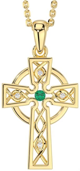 Diamond Emerald Gold Silver Celtic Cross Necklace