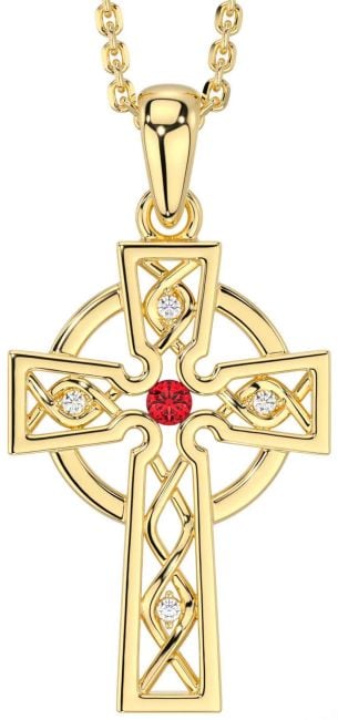 Diamond Ruby Gold Silver Celtic Cross Necklace