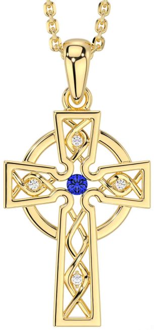 Diamond Sapphire Gold Silver Celtic Cross Necklace