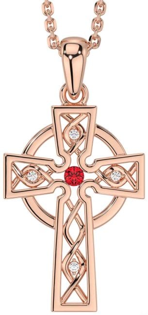 Diamond Ruby Rose Gold Celtic Cross Necklace
