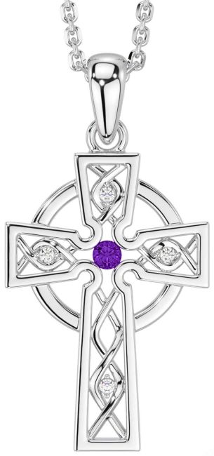 Diamond Amethyst Silver Celtic Cross Necklace