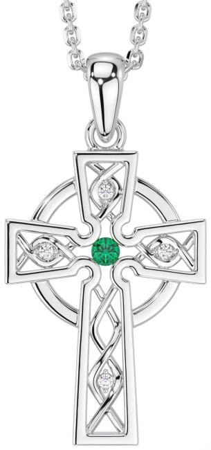 Diamond Emerald Silver Celtic Cross Necklace