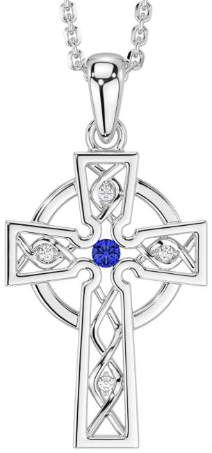 Diamond Sapphire Silver Celtic Cross Necklace