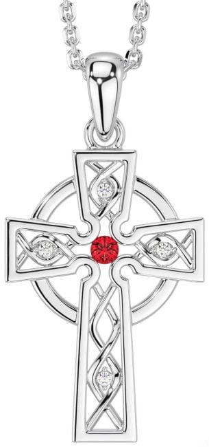 Diamond Ruby White Gold Celtic Cross Necklace